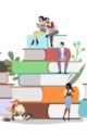 Beitragsbild Krimi-SpeedDating LBM 2022 zeigt als Vektorgrafik Bücherstapel mit Menschen, die lesen