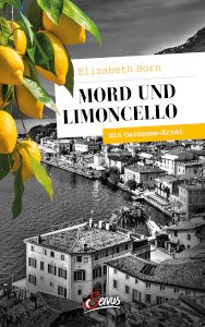 Cover_Mord und Limoncello_Thumb300_zeigt Schwarzweißbild von Limone am Gardasee und im Vordergrund knallgelbe Zitronen