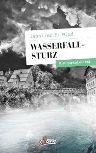 Cover_Wasserfallsturz_Thumb300_zeigt Fluss mit heftigem Wasserfall und im Hintergrund eine Stadt und eine Brücke, dunkler, wolkenverhangener Himmel
