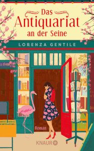 Cover_Das Antiquariat an der Seine_Thumb300_zeigt junge Frau mit einem Flamingo vor einer Buchhandlung