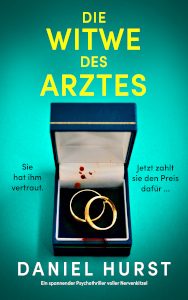 Cover_Die Witwe des Arztes_Thumb300_zeigt zwei Eheringe und Blutstropfen in einer edlen Schmuckschachtel